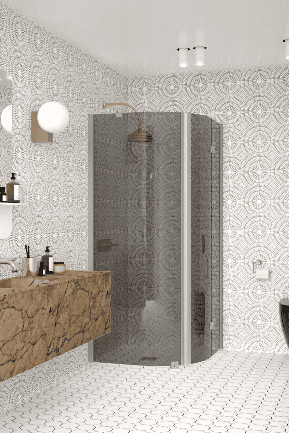 Curved shower enclosure Hietakari Infinia 266, aluminium frame, grey tinted glass Curved shower enclosure Hietakari Infinia 266, aluminium frame, grey tinted glass