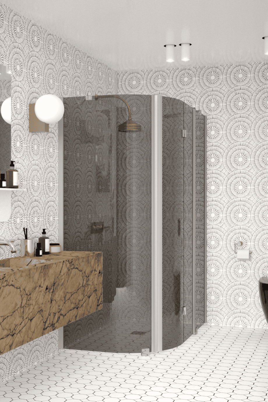 Curved shower enclosure Hietakari Infinia 268, aluminium frame, grey tinted glass Curved shower enclosure Hietakari Infinia 268, aluminium frame, grey tinted glass
