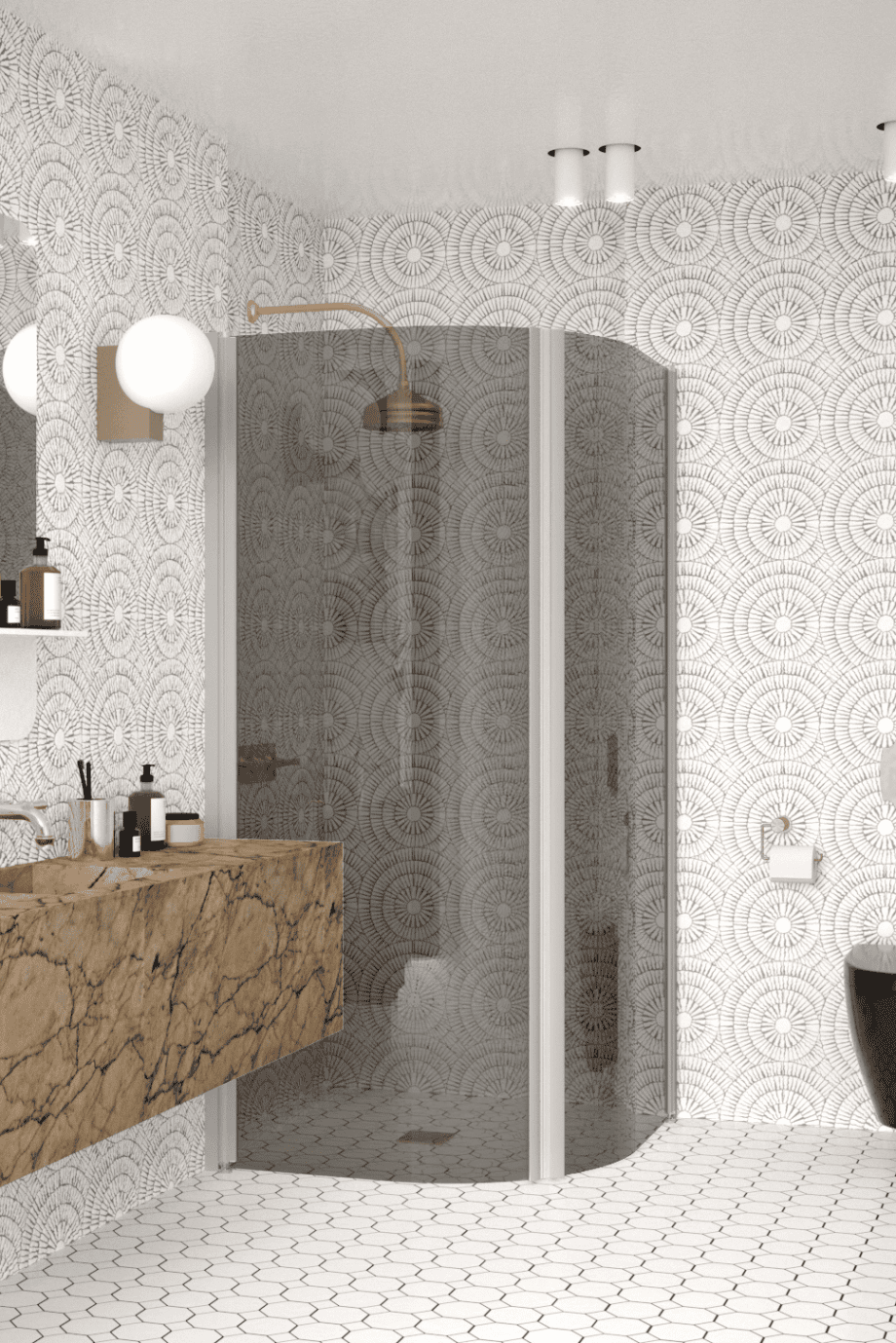 Curved shower enclosure Hietakari Infinia 269, aluminium frame, grey tinted glass Curved shower enclosure Hietakari Infinia 269, aluminium frame, grey tinted glass