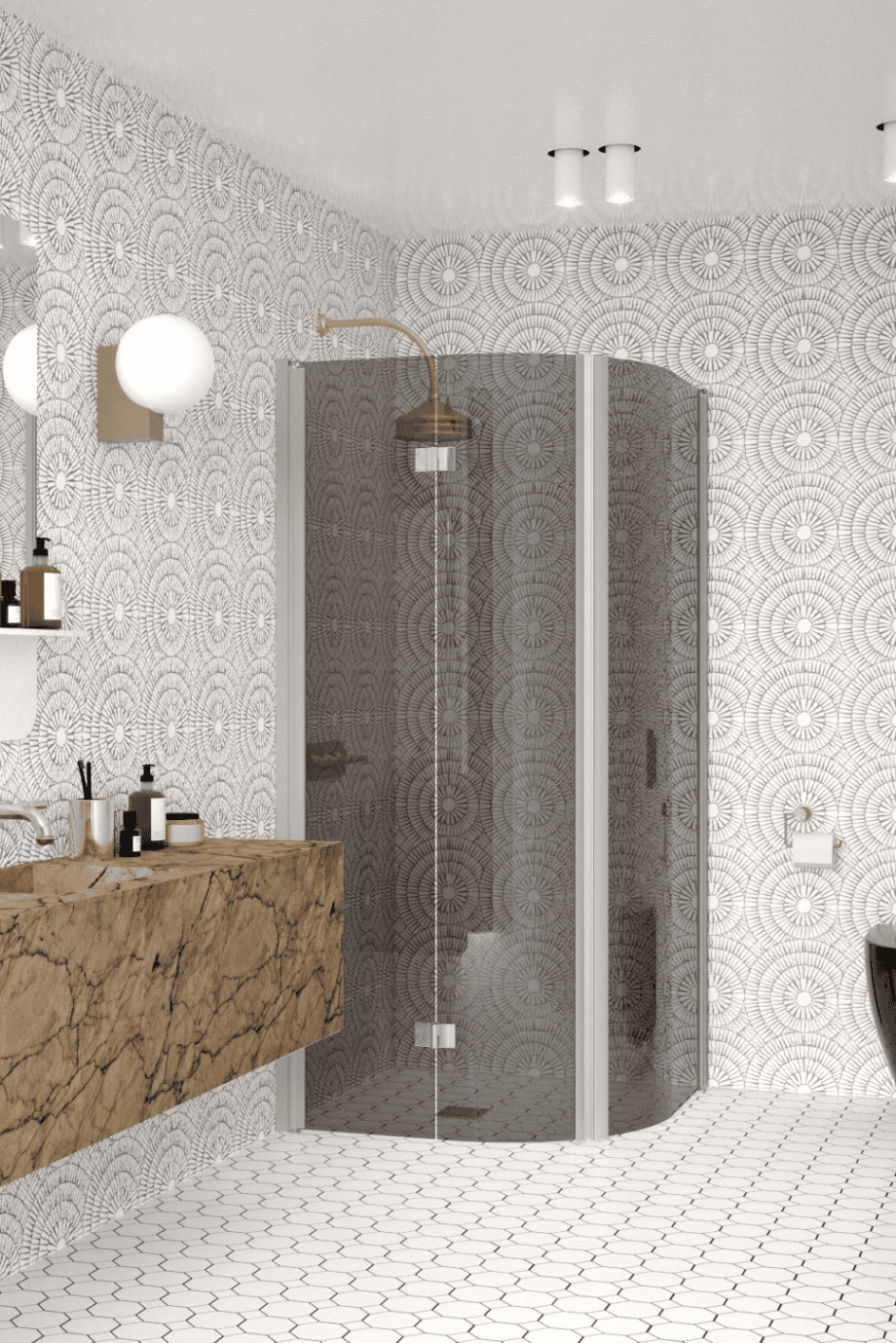 Curved shower enclosure Hietakari Infinia 270, aluminium frame, grey tinted glass Curved shower enclosure Hietakari Infinia 270, aluminium frame, grey tinted glass