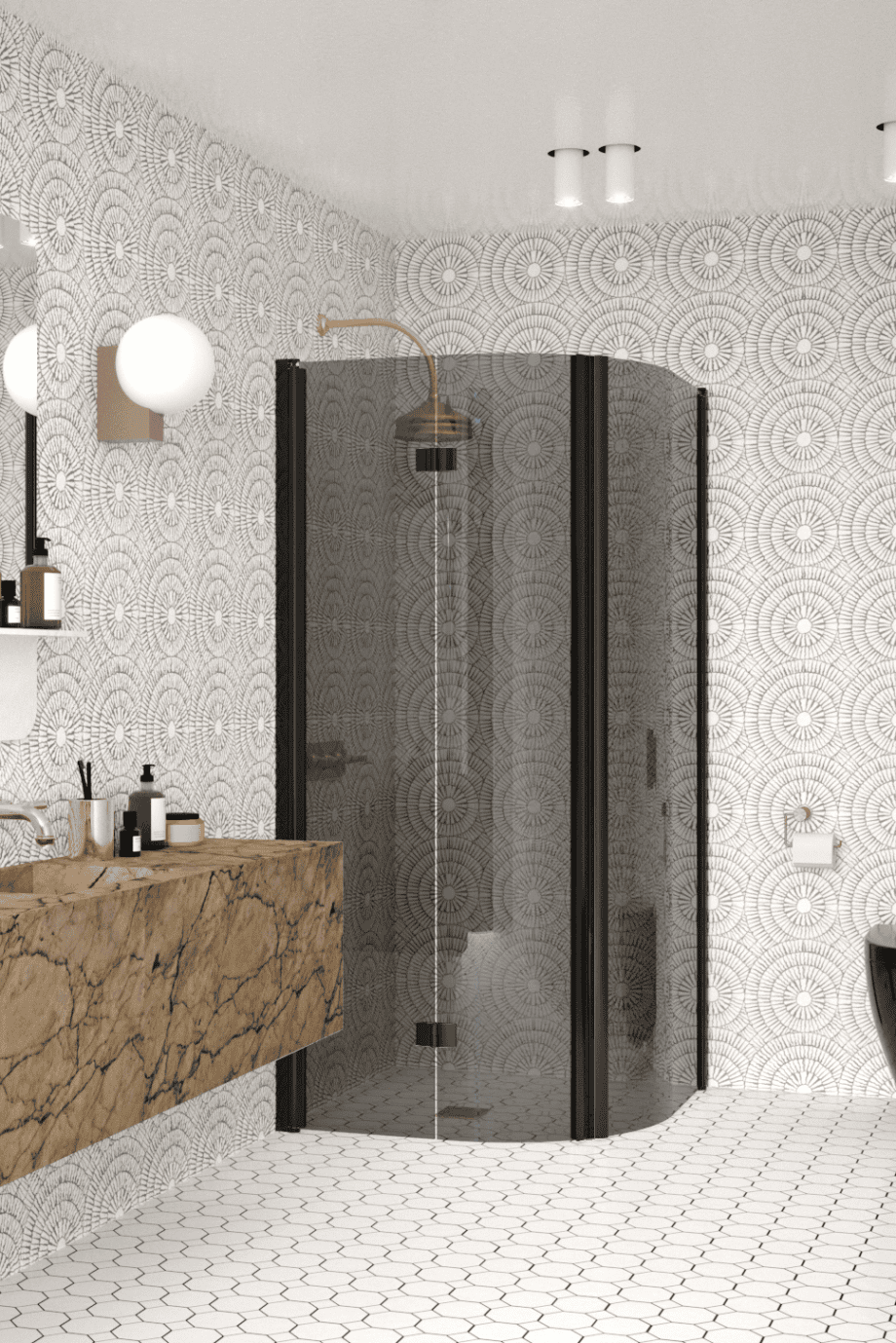 Curved shower enclosure Hietakari Infinia 270, black frame, grey tinted glass Curved shower enclosure Hietakari Infinia 270, black frame, grey tinted glass