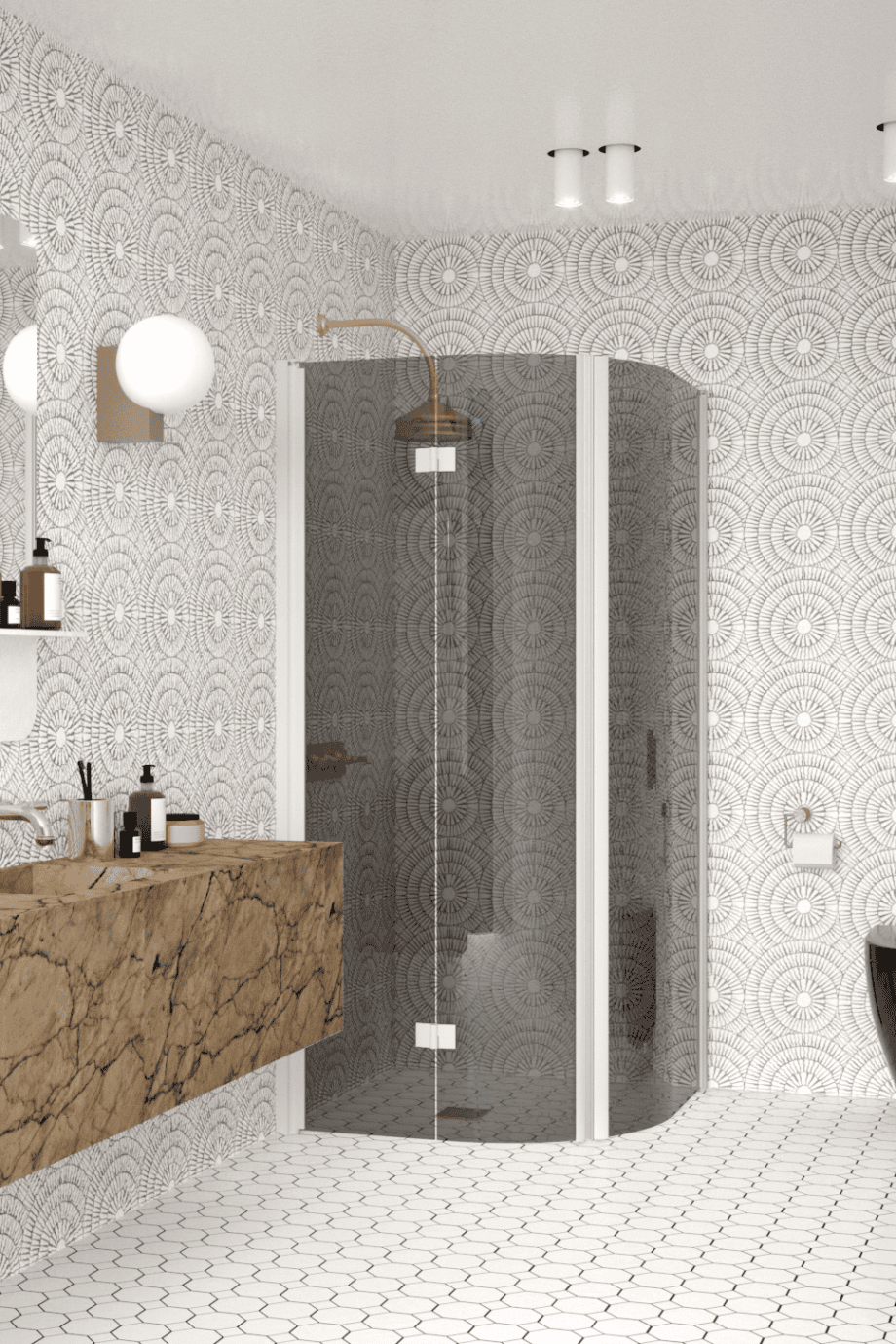 Curved shower enclosure Hietakari Infinia 270, white frame, grey tinted glass Curved shower enclosure Hietakari Infinia 270, white frame, grey tinted glass
