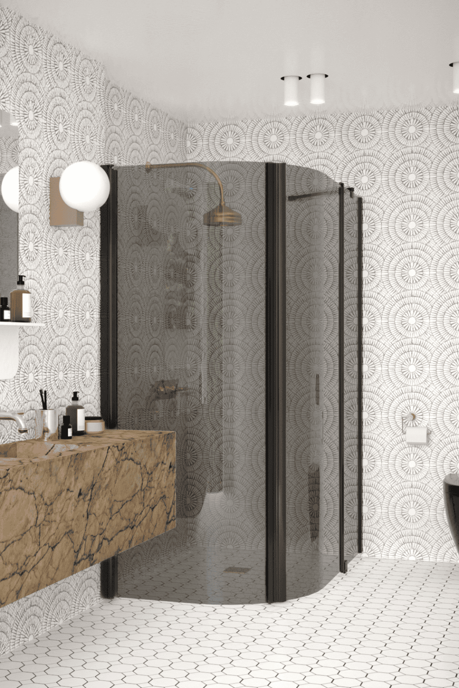 Curved shower enclosure Hietakari Infinia 271, black frame, grey tinted glass Curved shower enclosure Hietakari Infinia 271, black frame, grey tinted glass