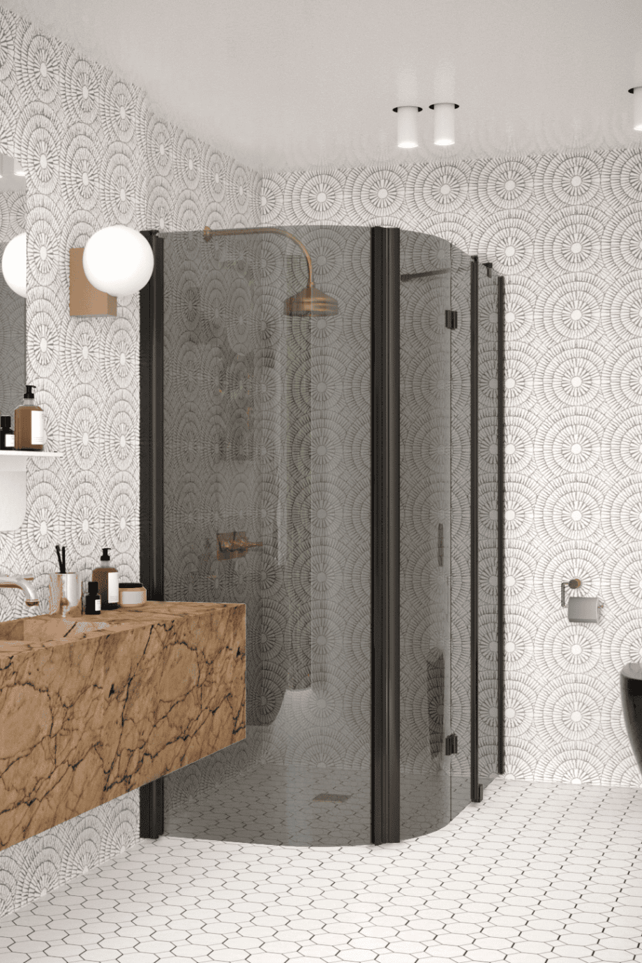 Curved shower enclosure Hietakari Infinia 272, black frame, grey tinted glass Curved shower enclosure Hietakari Infinia 272, black frame, grey tinted glass