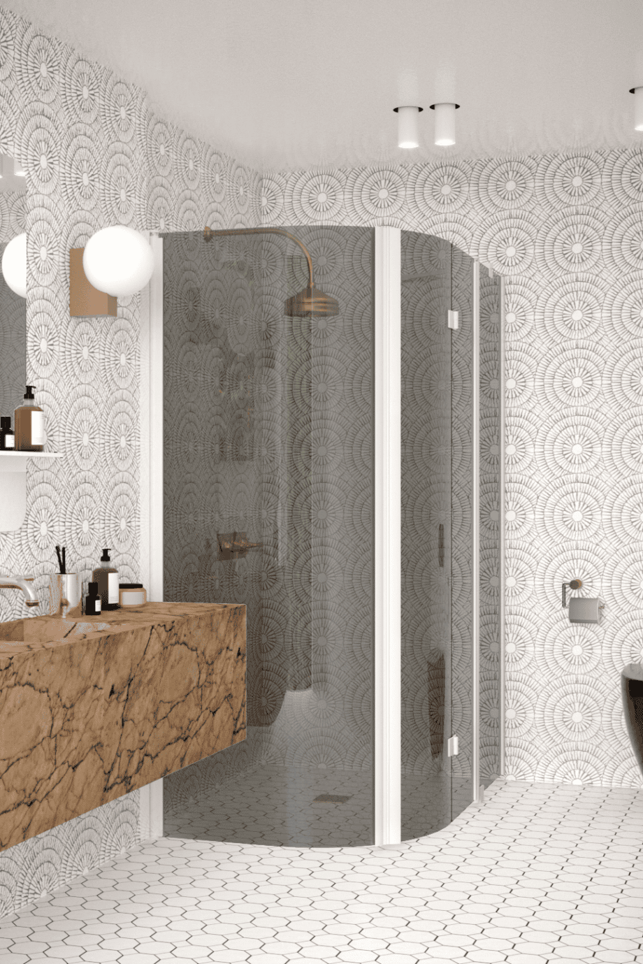 Curved shower enclosure Hietakari Infinia 272, white frame, grey tinted glass Curved shower enclosure Hietakari Infinia 272, white frame, grey tinted glass