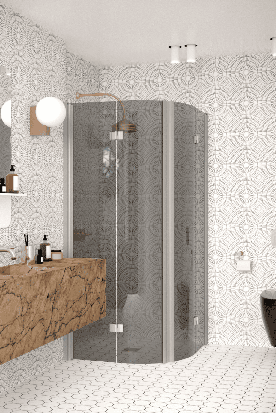 Curved shower enclosure Hietakari Infinia 273, aluminium frame, grey tinted glass Curved shower enclosure Hietakari Infinia 273, aluminium frame, grey tinted glass