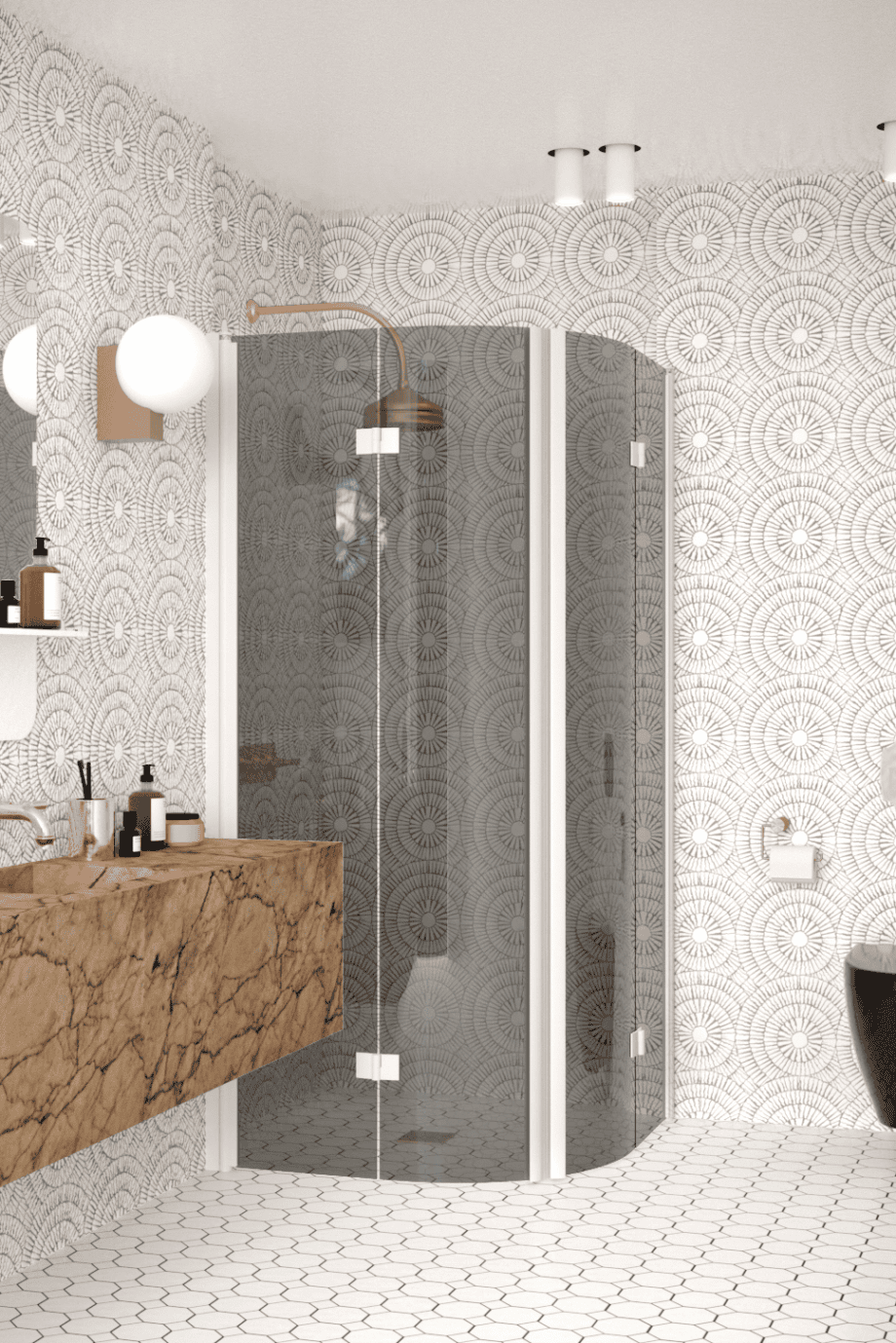 Curved shower enclosure Hietakari Infinia 273, white frame, grey tinted glass Curved shower enclosure Hietakari Infinia 273, white frame, grey tinted glass