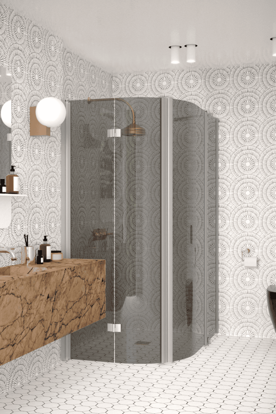 Curved shower enclosure Hietakari Infinia 274, aluminium frame, grey tinted glass Curved shower enclosure Hietakari Infinia 274, aluminium frame, grey tinted glass