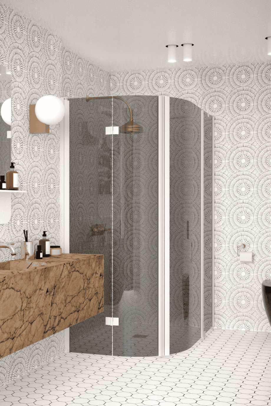 Curved shower enclosure Hietakari Infinia 274, white frame, grey tinted glass Curved shower enclosure Hietakari Infinia 274, white frame, grey tinted glass
