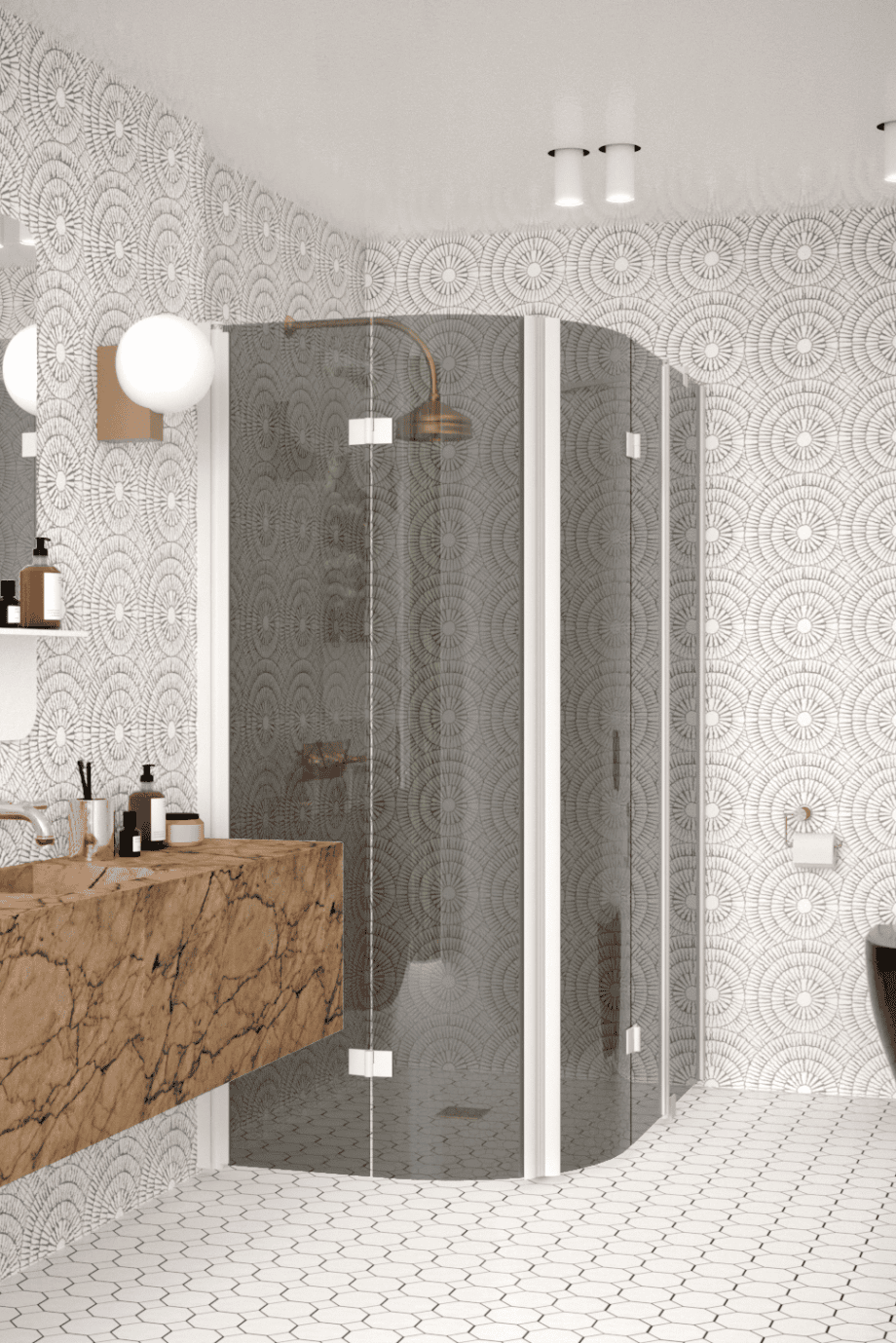Curved shower enclosure Hietakari Infinia 275, white frame, grey tinted glass Curved shower enclosure Hietakari Infinia 275, white frame, grey tinted glass