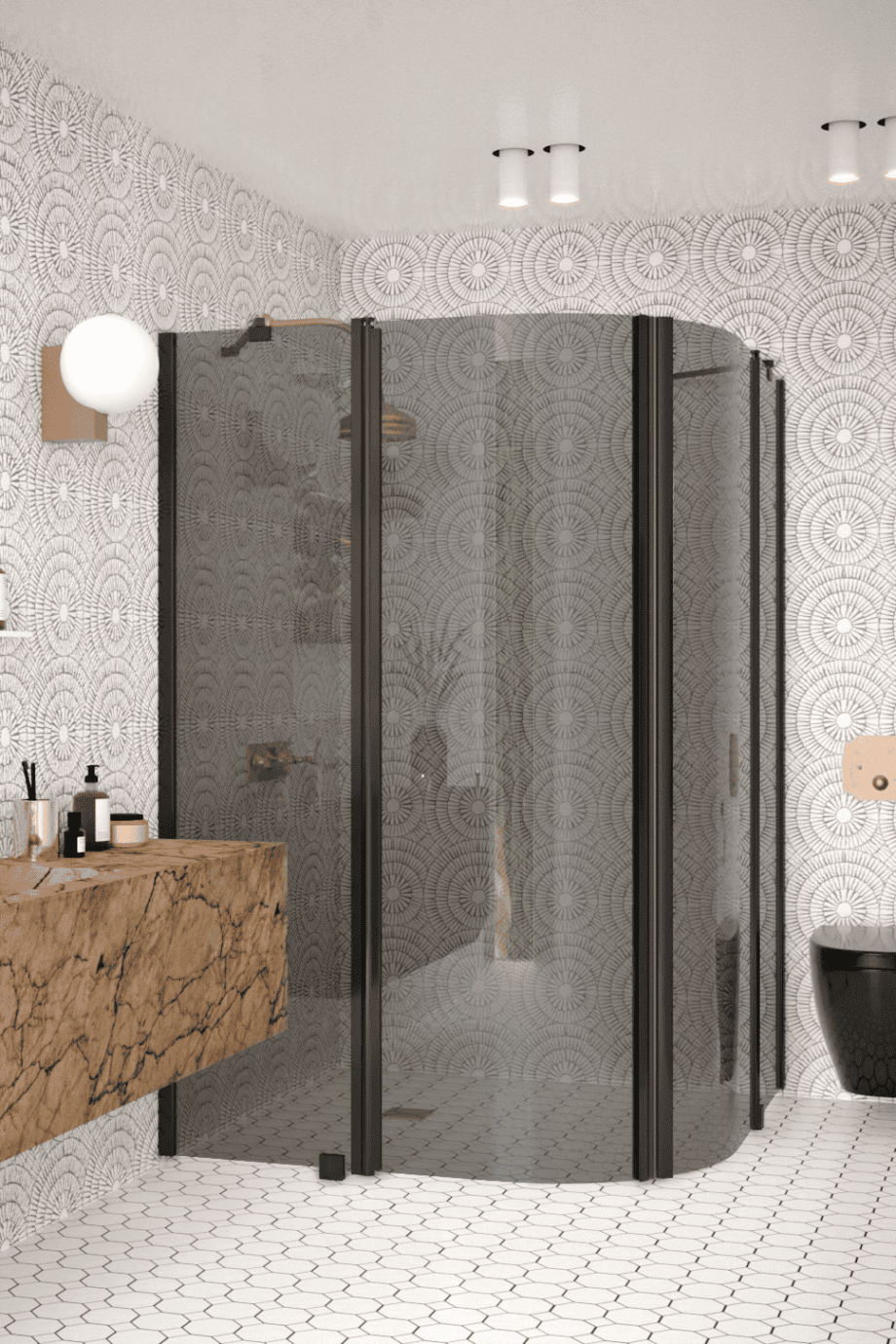 Curved shower enclosure Hietakari Infinia 276, black frame, grey tinted glass Curved shower enclosure Hietakari Infinia 276, black frame, grey tinted glass