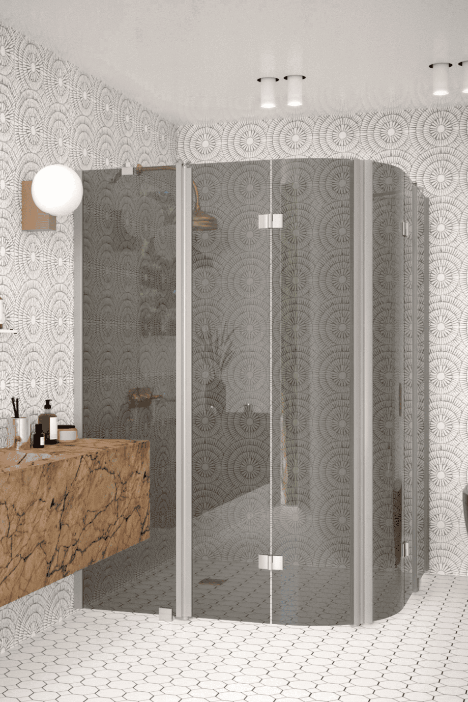 Curved shower enclosure Hietakari Infinia 278, aluminium frame, grey tinted glass Curved shower enclosure Hietakari Infinia 278, aluminium frame, grey tinted glass