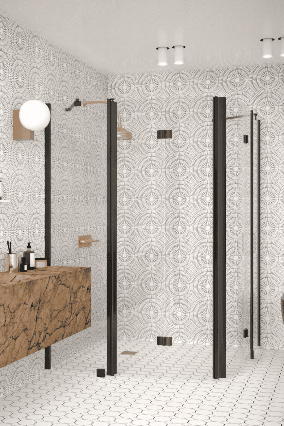 Curved shower enclosure Hietakari Infinia 278, black frame, clear glass Curved shower enclosure Hietakari Infinia 278, folding door with fixed part + folding door with fixed part – 5