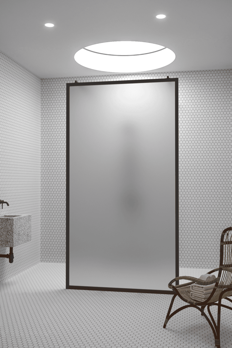 Walk-in shower screen Hietakari Bläk 712 New York, black frame, satin frosted glass Walk-in shower screen Hietakari Bläk 712 New York, black frame, satin frosted glass