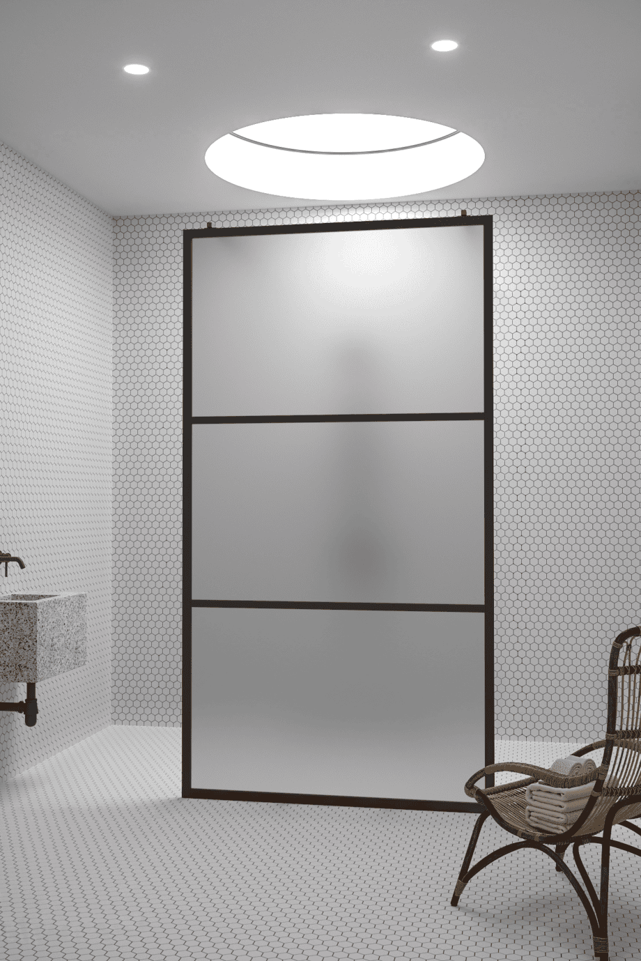 Walk-in shower screen Hietakari Bläk 713 Tokyo, black frame, satin frosted glass Walk-in shower screen Hietakari Bläk 713 Tokyo, black frame, satin frosted glass