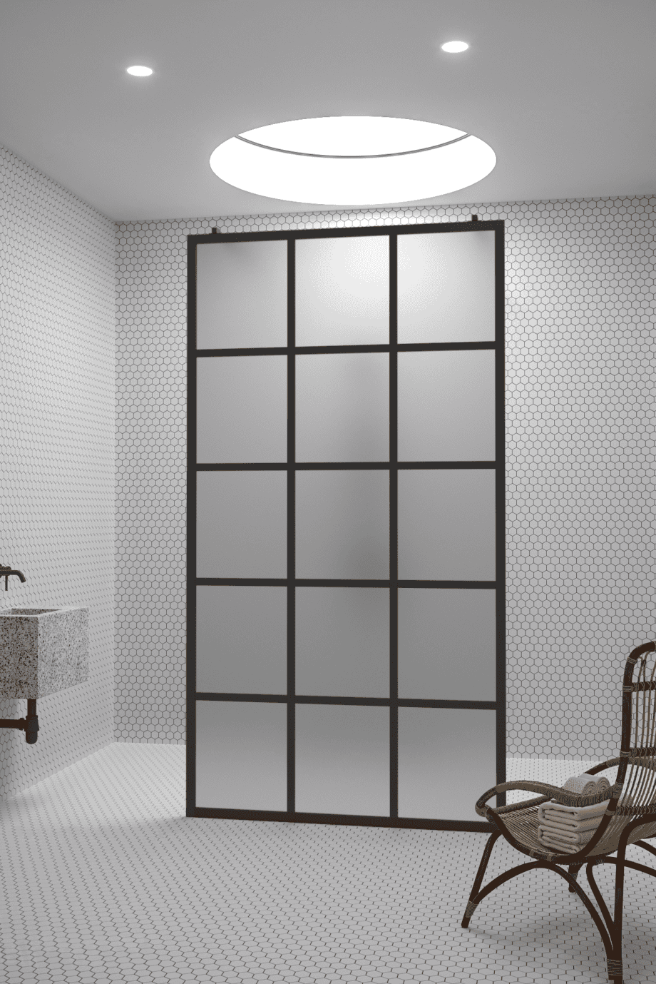 Walk-in shower screen Hietakari Bläk 714 Paris, white frame, satin frosted glass Walk-in shower screen Hietakari Bläk 714 Paris, white frame, satin frosted glass