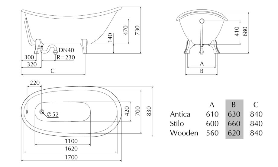 Bathtub in Cast Stone with cast stone ANTICA legs