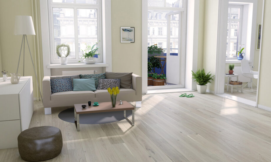 Parquet Oak, White, 1-strip, beveled, brushed, stained, matt lacquer