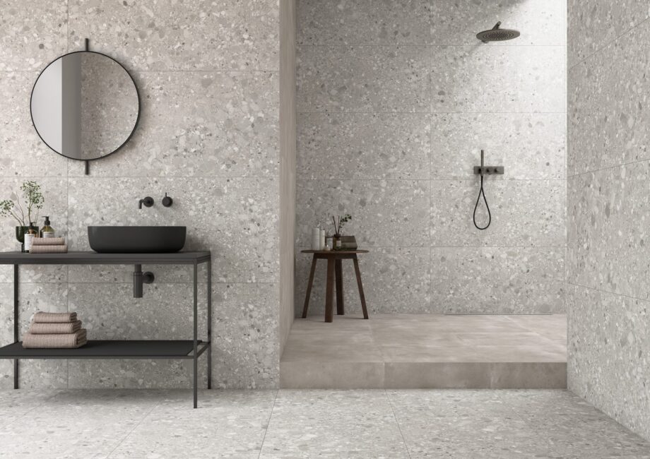 Terrazzo effect matt porcelain floor tile Tau Clemon Silver, 60×60 and 60×120 cm, silver grey, R10, rectified – view 3 Terrazzo effect matt porcelain floor tile Tau Clemon Silver, 60x60 and 60x120 cm, silver grey, R10, rectified – 3
