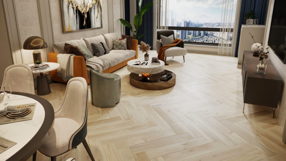 Herringbone floor Barlinek Oak Salt installed on living room floor.