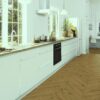 Herringbone flooring Oak Rustic 4-sided beveled brushed 2 coats of Osmo oil wax, installed on the kitchen floor, with kitchen furniture, dining table, and chairs