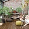 lvt-parkett-quick-step-bloom-sundown-pine LVT parkett Quick-Step Bloom Sundown Pine paigaldatud talveaia põrandale. Potitaimed, trrassimööbel, laps istub toolil ja loeb raamatut.