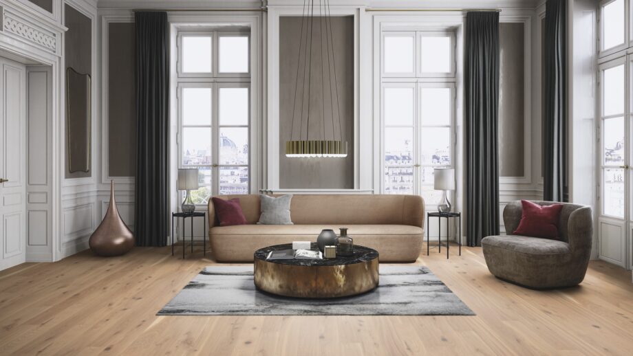 engineered-wooden-flooring-bauwerk-boen-casapark-oak-46-vivo-brushed-avorio-oil-waxed-138mm Engineered wooden flooring Bauwerk Boen Casapark Oak 46 Vivo brushed Avorio light oil-waxed installed on a living room floor. Classical modern mix stile with design sofa and chair. Nice design lightning. Marble top metallic side sofa table. Design carpet.