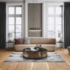 Parquet floor Bauwerk Boen Casapark Oak 46 Vivo brushed and oil-waxed 138mm wide installed on livingroom floor. Designer sofa and chair. Beutiful sofa table., grey designer carpet under it.