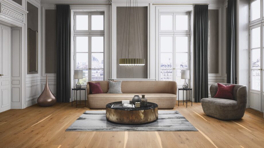 Parquet floor Bauwerk Boen Casapark Oak 46 Vivo brushed and oil-waxed 138mm wide installed on livingroom floor. Designer sofa and chair. Beutiful sofa table., grey designer carpet under it.