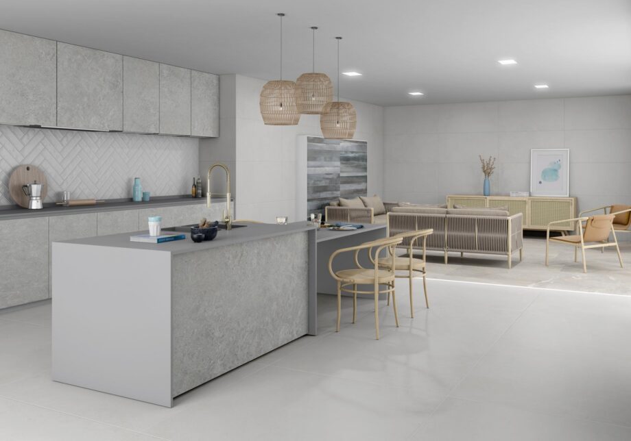 Concrete effect porcelain tile Tau Integra White, white – view 2 Concrete effect matt porcelain floor tile Tau Integra White, 30x60 cm, 9 mm, white, R10, rectified – 2