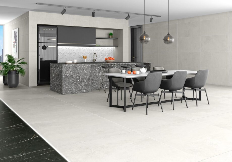 Concrete effect porcelain Tau Lema White, white – view 3 Concrete effect matt porcelain floor tile Tau Lema White, 90x90 cm, white, R10, rectified – 3