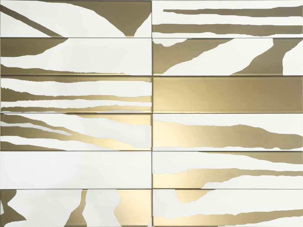 Ceramic wall tile with PVD metallic pattern Dune Flat Savannah White & Gold, 7.5x30 cm, 8 mm, white & gold