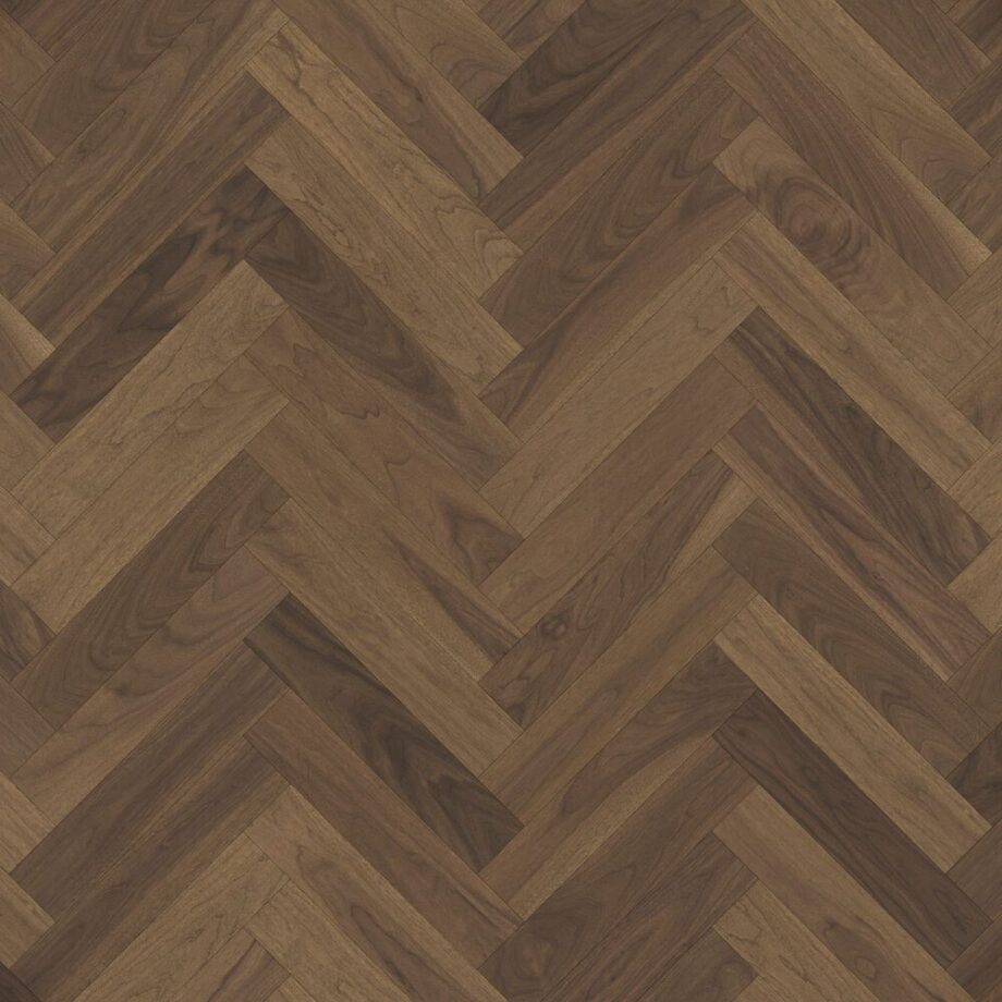 Herringbone Parquet Flooring Parky Swing Smoked Walnut Premium, walnut veneer, brushed, super matt lacquer, 593 x 121 x 10 mm