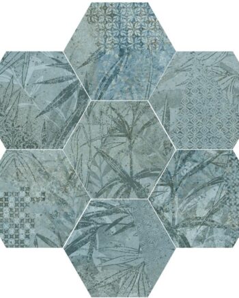 Hexagonal porcelain tile with tropical leaf pattern Dune Magnet Tropic Mint, 15x17 cm, 8 mm, mint green