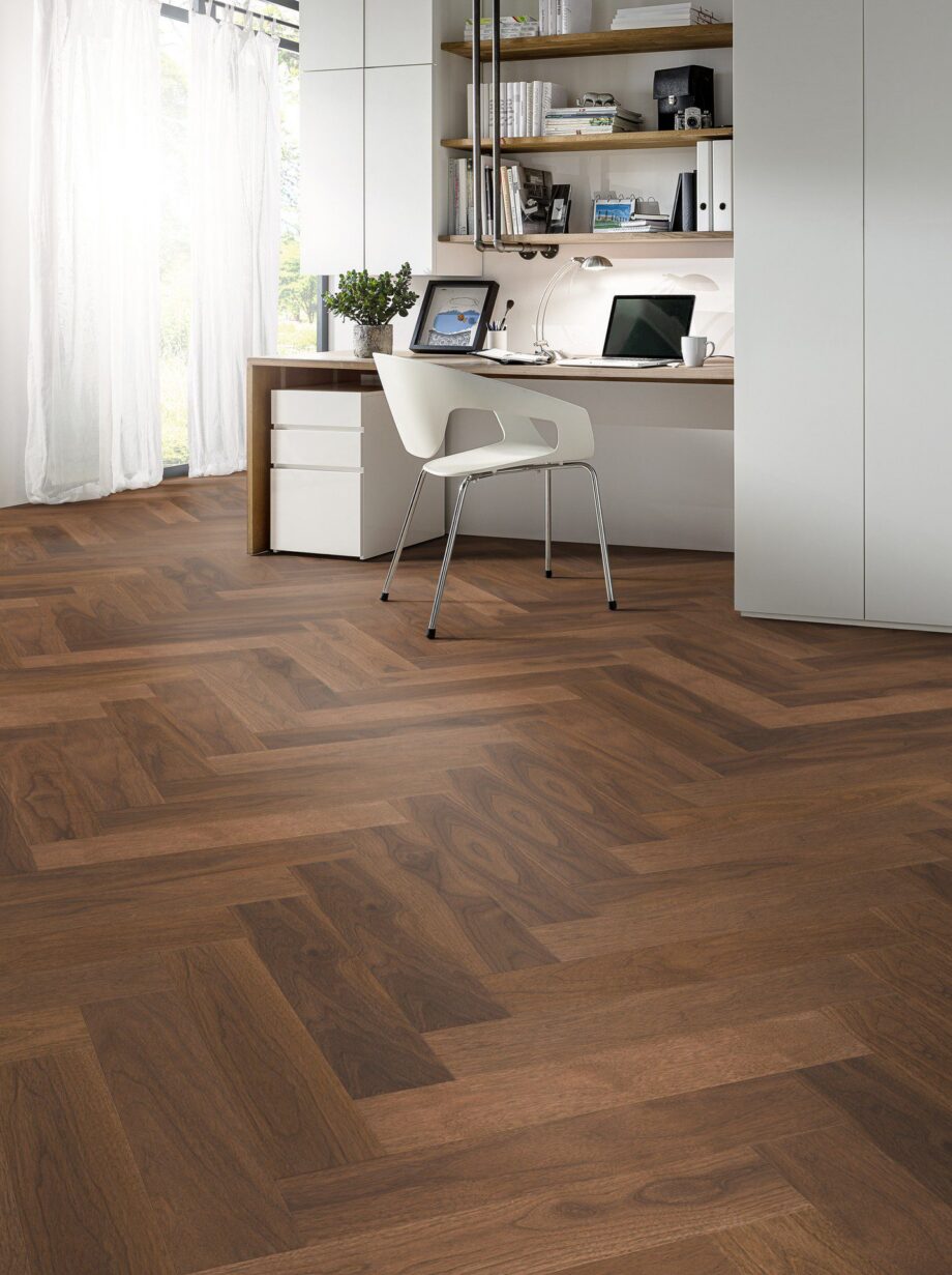 Herringbone Parquet Flooring Parky Swing Smoked Walnut Premium, walnut veneer, brushed, super matt lacquer, 593 x 121 x 10 mm – 2