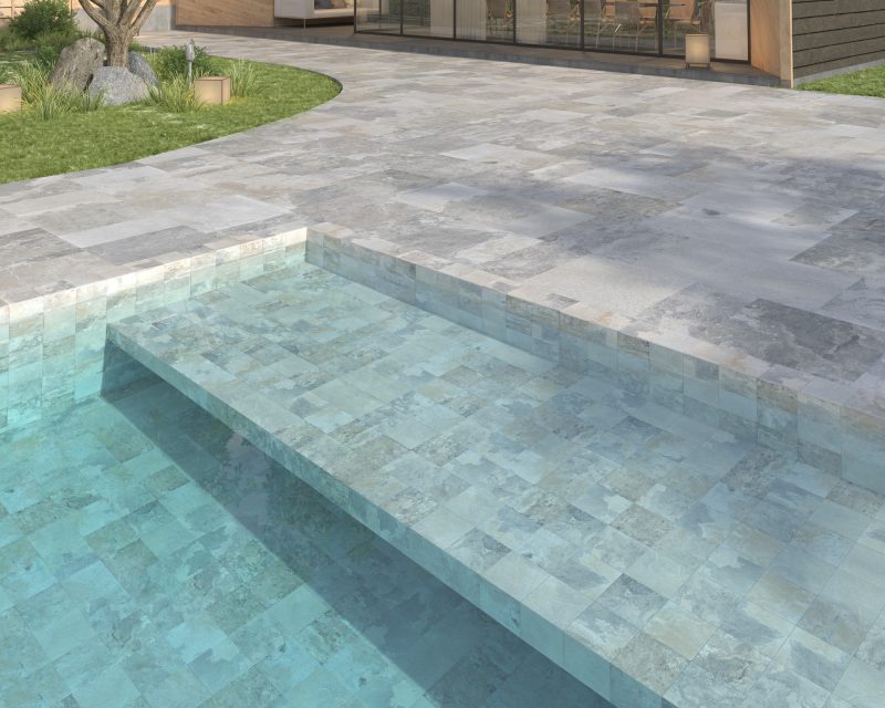 Bullnose slate-effect porcelain edge tile Dune Ardesia Chiara Bullnose, 14.7x14.7 cm, 8 mm, light quartzite grey, R12 – 2