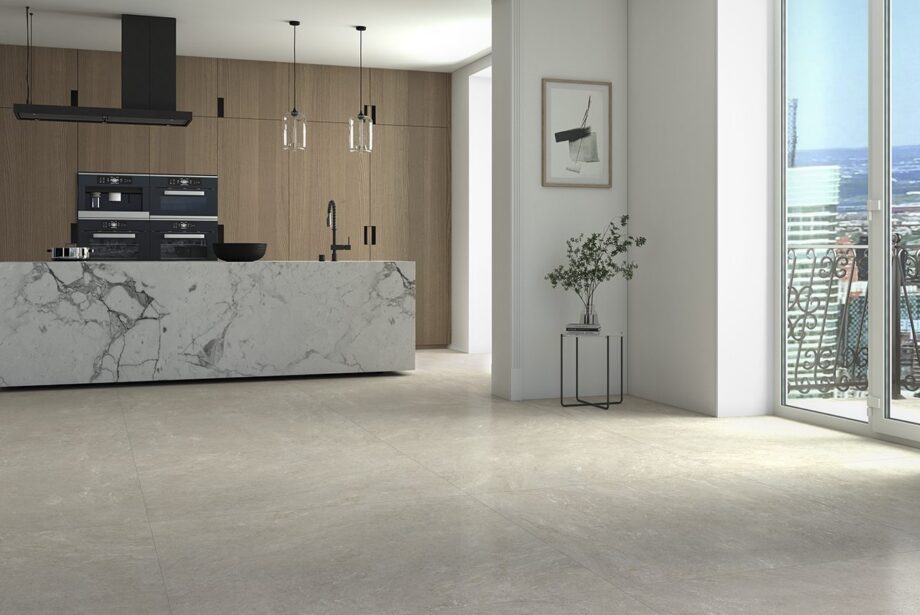 Stone-effect porcelain floor tile Tau Caribbean Light Beige, light beige, rectified – view 2 Stone-effect semi-polished porcelain floor tile Tau Caribbean Light Beige SP, 120x120 cm, 9 mm, light beige, rectified – 2