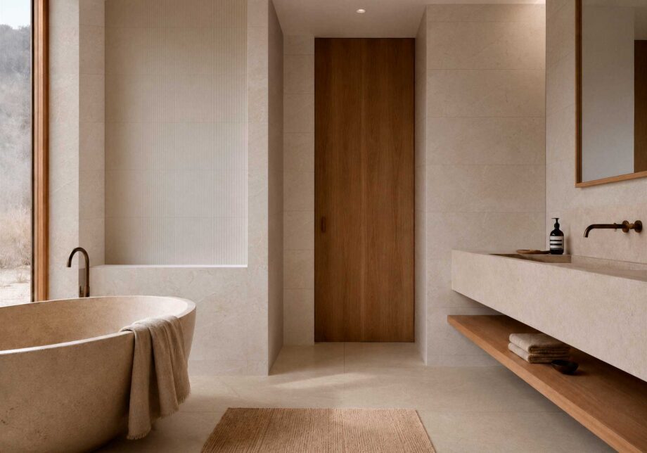 Stone-effect matt ceramic wall tile Tau Lithos Wall Linen, 30x90 cm, 8.7 mm, linen beige, rectified – 3