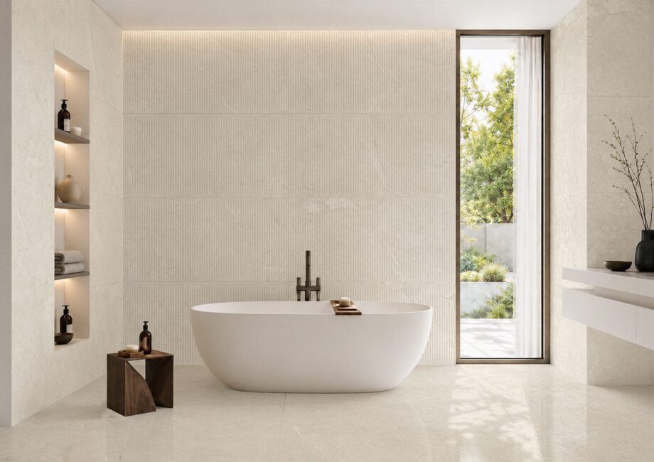 Stone-effect porcelain Tau Lithos Linen, linen beige, rectified – view 2 Stone-effect soft matt porcelain floor tile Tau Lithos Soft Linen, 60x120 cm, linen beige, rectified – 3