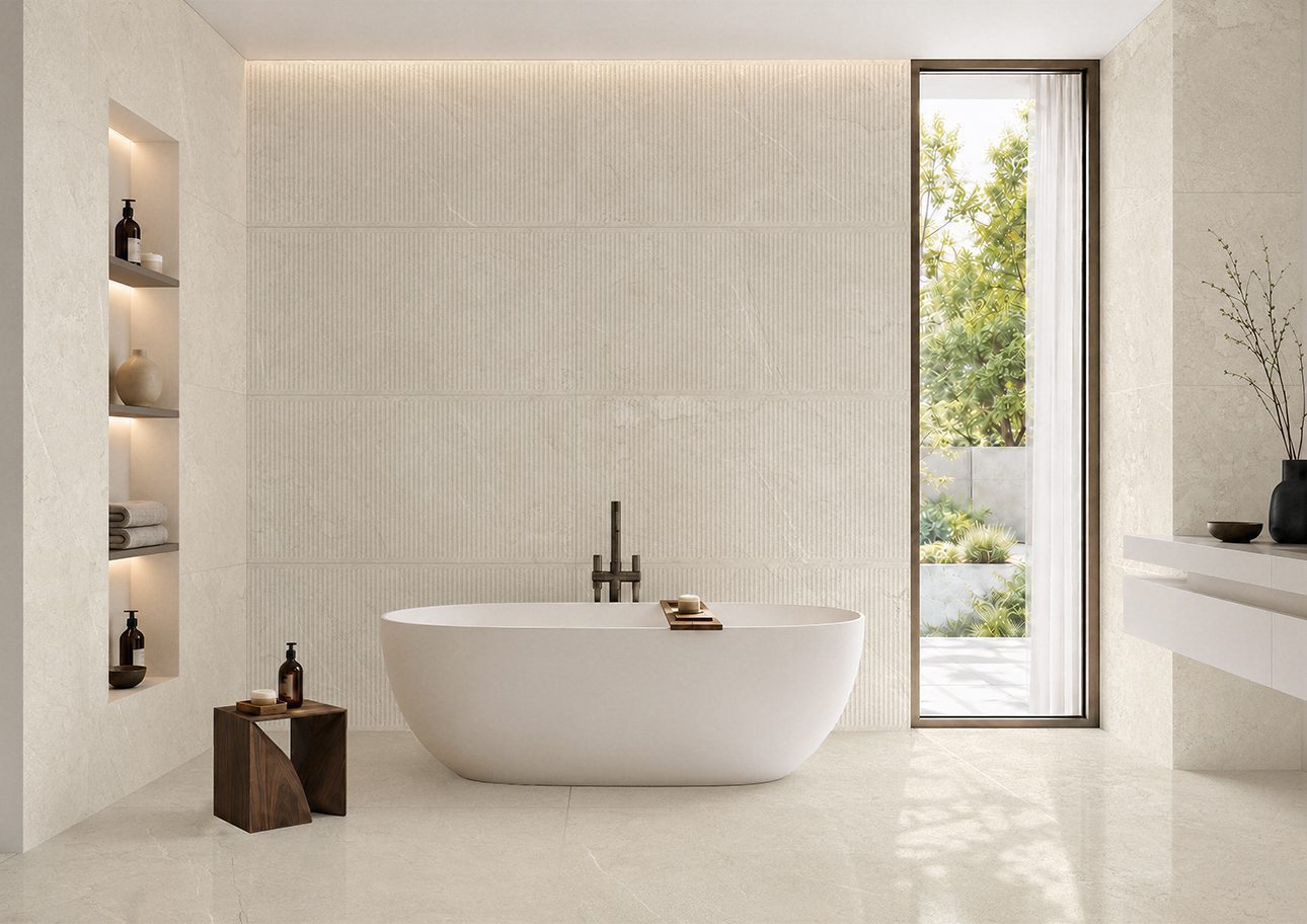 Stone-effect soft matt porcelain floor tile Tau Lithos Soft Linen, 60x120 cm, linen beige, rectified – 3