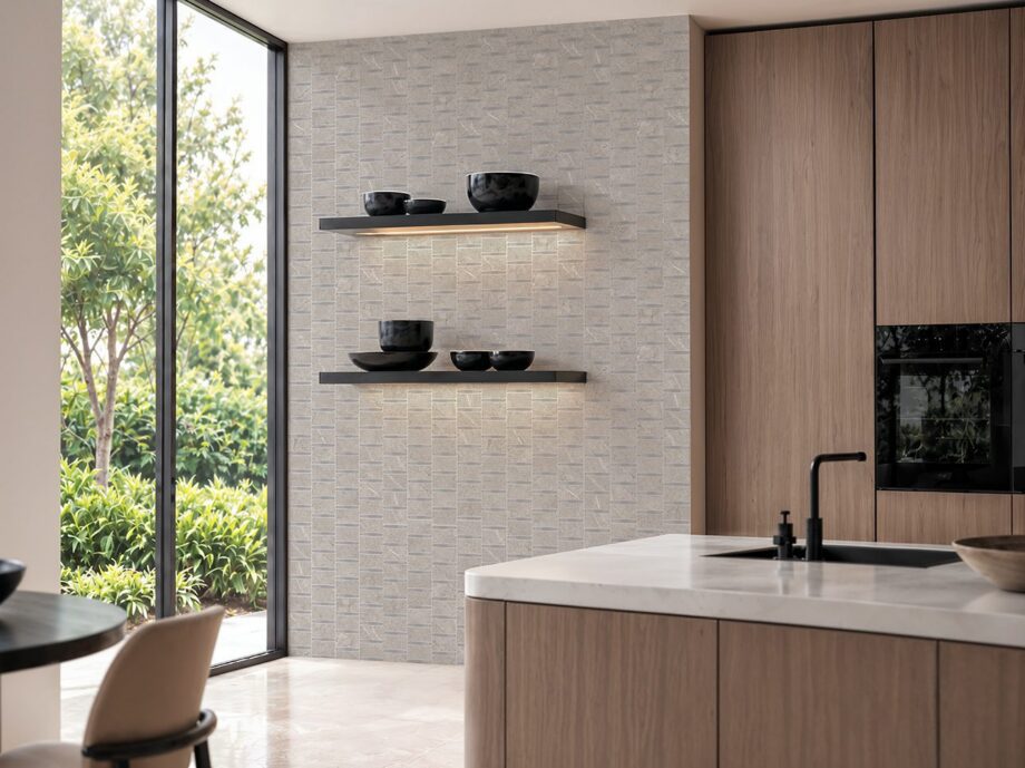 Stone-effect porcelain Tau Lithos Pearl, pearl grey, rectified – view 2 Stone-effect soft matt porcelain floor tile Tau Lithos Soft Pearl, 100x100 cm, pearl grey, rectified – 2