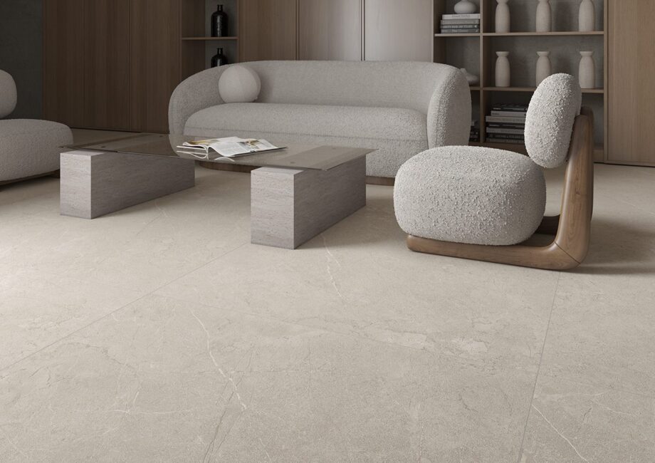 Stone-effect soft matt porcelain floor tile Tau Lithos Soft White, 100x100 cm, white, rectified – 2