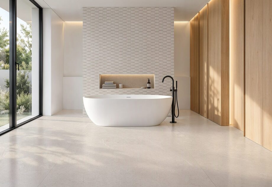 Stone-effect soft matt porcelain floor tile Tau Lithos Soft White, 100x100 cm, white, rectified – 3