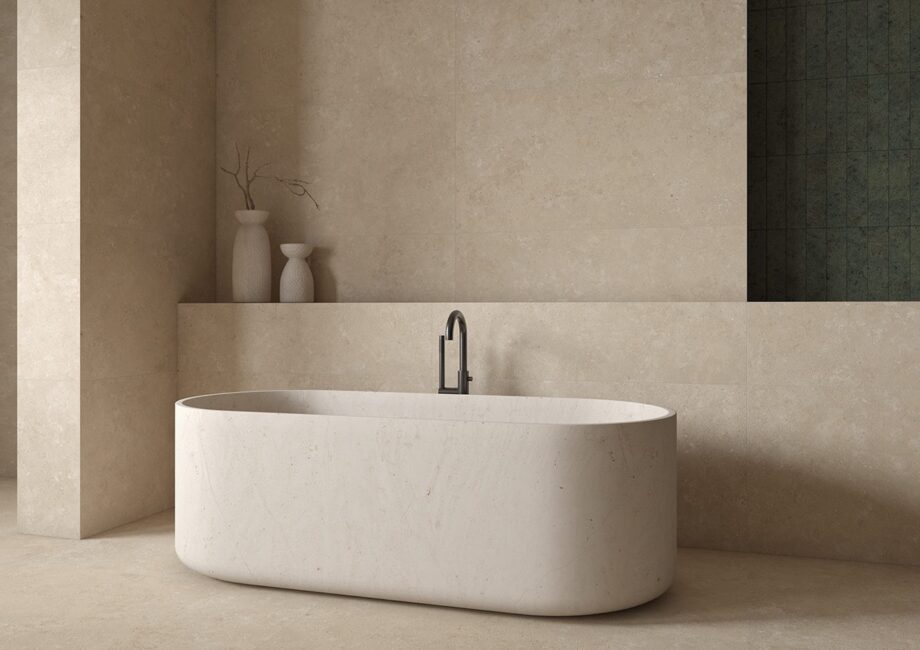Stone-effect tile Tau Campaspero Sand, sand beige – view 3 Stone-effect soft matt porcelain floor tile Tau Campaspero Soft Sand, 60x120 cm, sand beige, rectified – 3