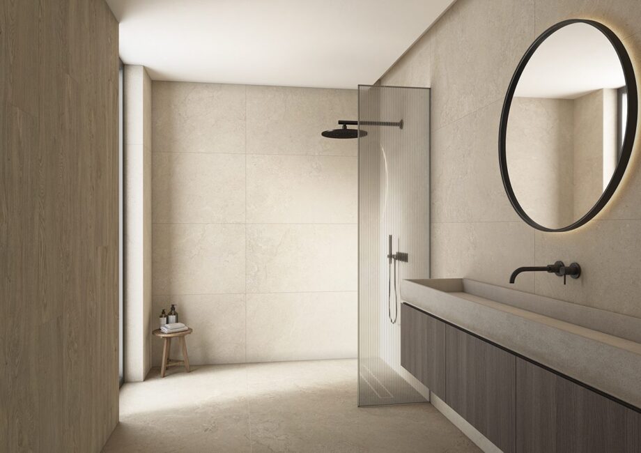 Stone-effect Tau Dorset beige – view 4 Stone-effect matt porcelain floor tile Tau Dorset Linen, 60x120 cm, linen beige, rectified – 4