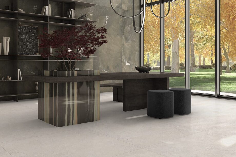 Stone-effect matt porcelain floor tile Tau Dorset White, 100x100 cm, white, rectified – 4