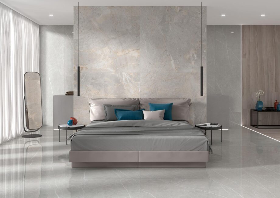Stone-effect polished porcelain floor tile Tau Mainstone Silver Pol, 60x60 cm, silver grey, rectified – 2