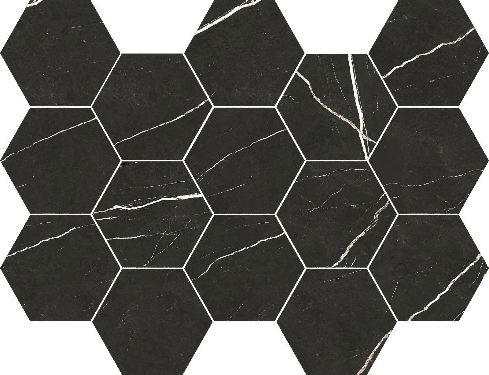 Marble-effect hexagon porcelain mosaic tile Tau Elite Black Hex, 32.5x22.5 cm, black