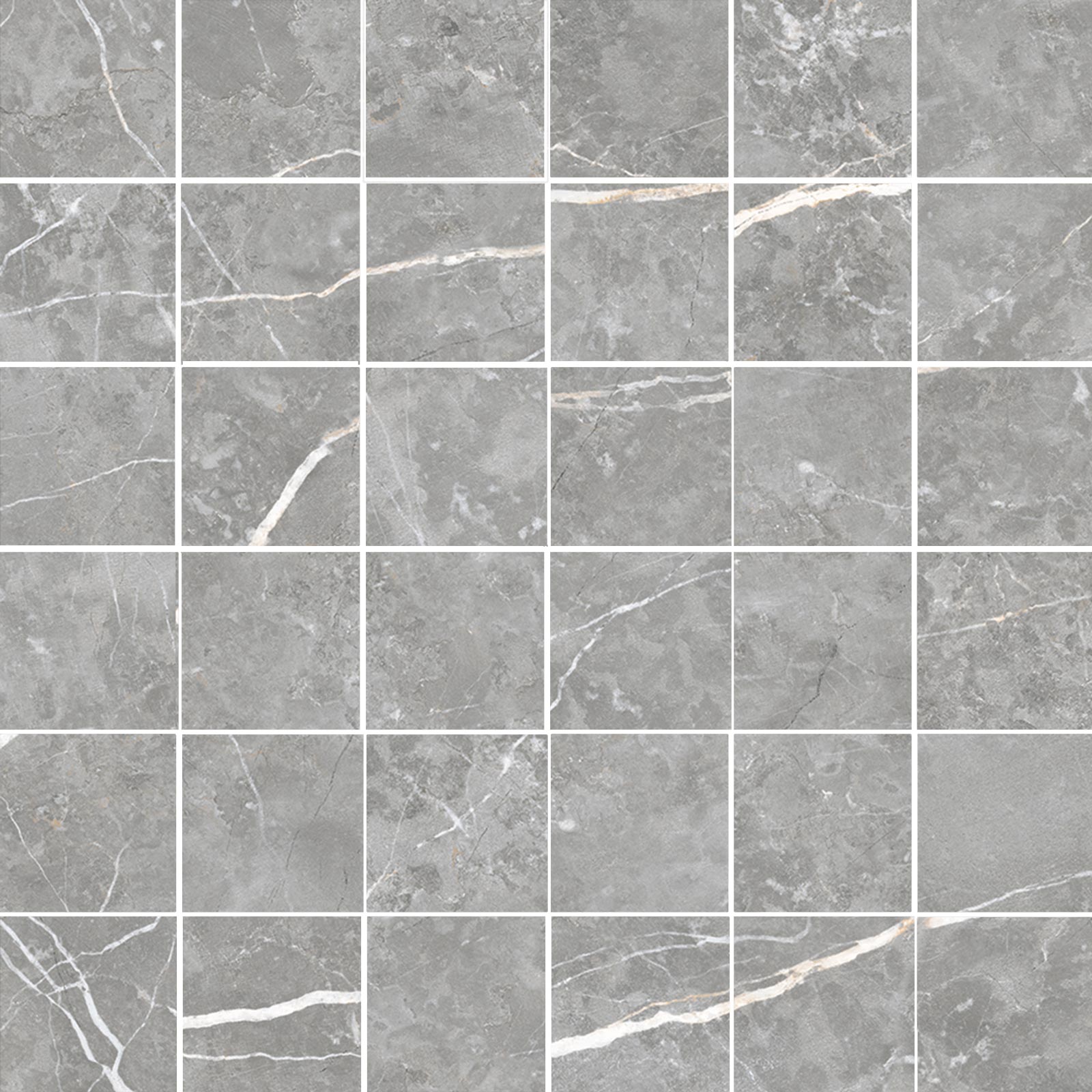 Marble-effect matt porcelain mosaic tile Tau Elite Gray 5x5, 30x30 cm, grey