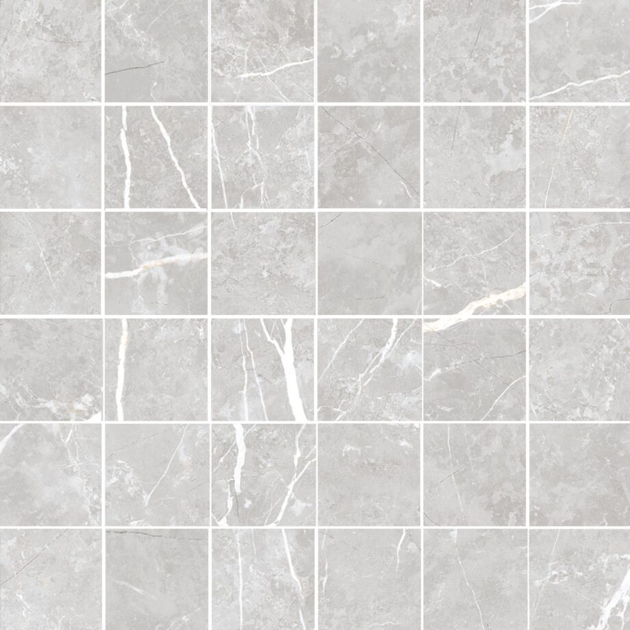 Marble-effect matt porcelain mosaic tile Tau Elite Silver 5×5, 30×30 cm, silver grey Marble-effect matt porcelain mosaic tile Tau Elite Silver 5x5, 30x30 cm, silver grey